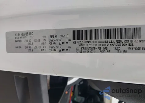 2017 Ram Promaster 3500 Cargo Van High Roof 159 Wb Ext из США, поврежденный, VIN 3C6URVJG2HE544719